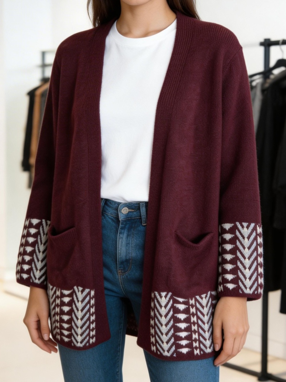 New Frye New Cozy Geometric Open Front Burgundy White Cardigan Size L - Picture 4 of 10